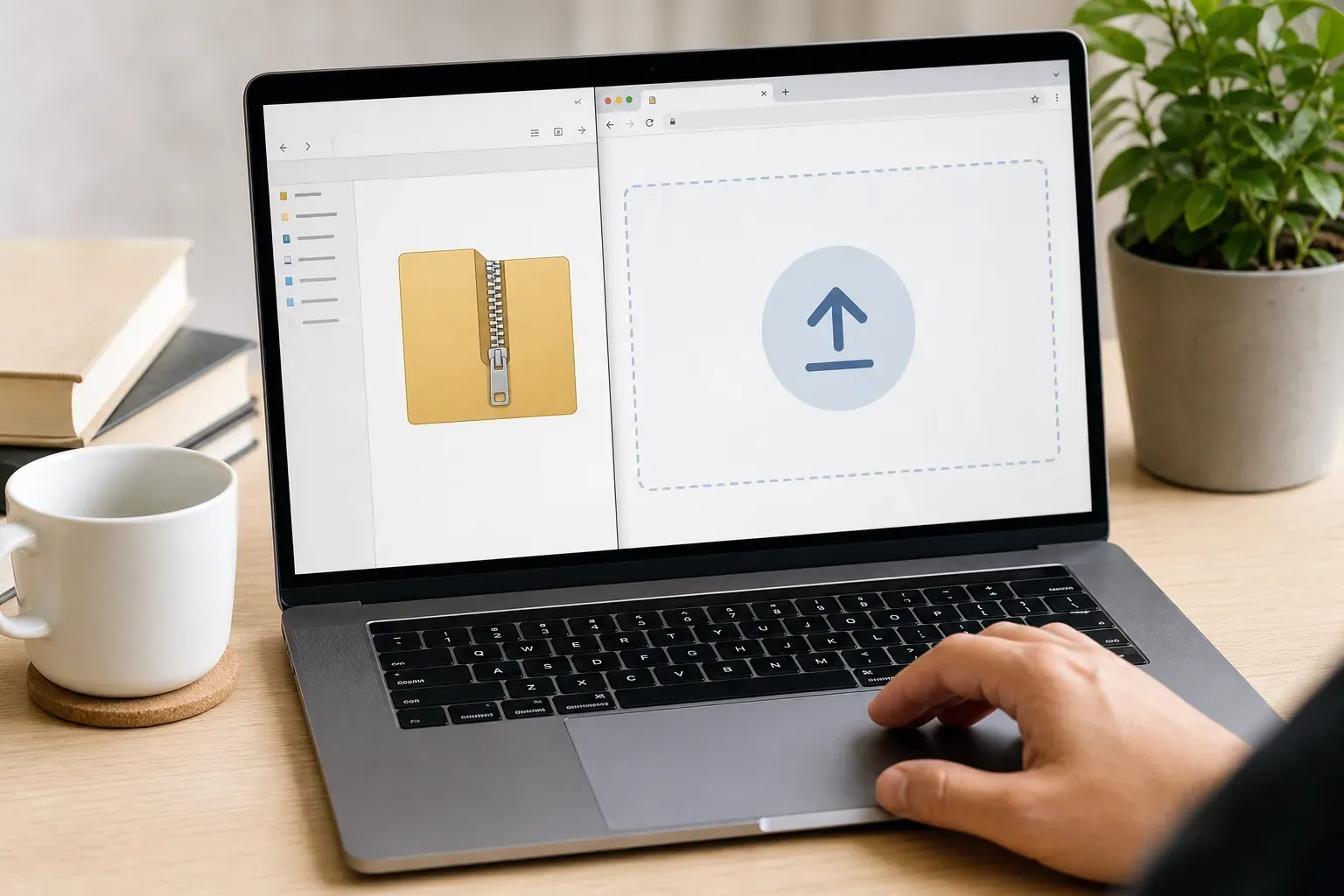 Plugin-Upload am Laptop mit ZIP-Datei-Symbol und Upload-Bereich