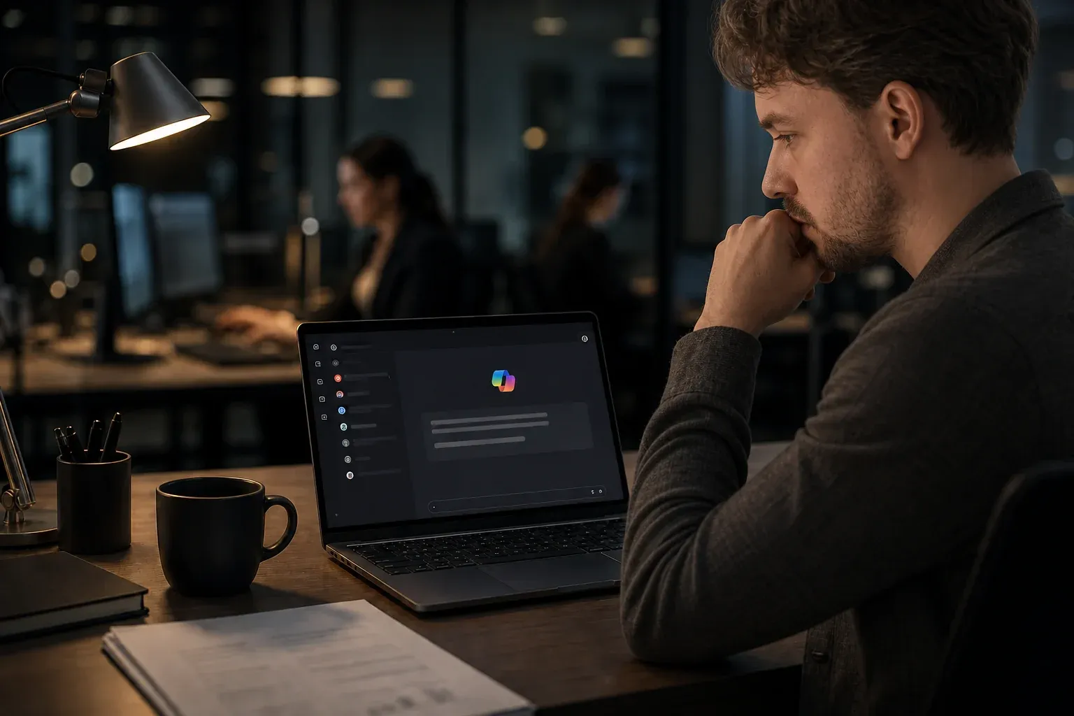 Copilot in Microsoft 365: KI-Assistent im Teams-Fenster auf einem Laptop im Büro