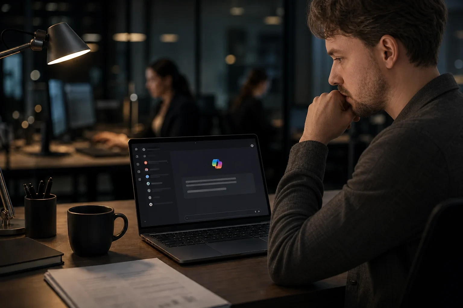 Copilot in Microsoft 365: KI-Assistent im Teams-Fenster auf einem Laptop im Büro