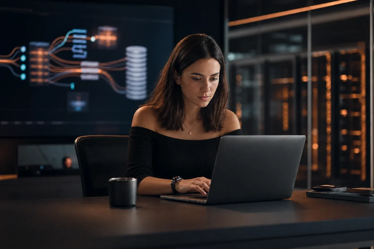Junge Frau am Laptop prüft eine Datenpipeline mit ETL-Strecken zwischen ERP und Data Warehouse