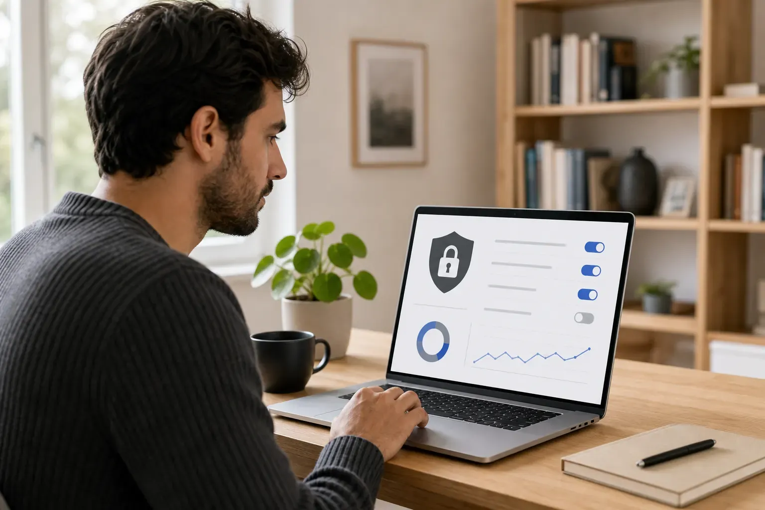 Junger Mitarbeiter prüft Datenschutz-Tools auf einem Laptop-Dashboard