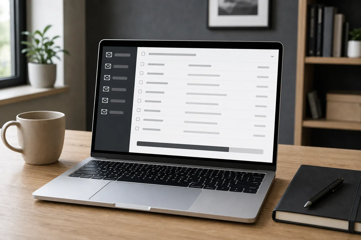 Laptop mit Postfach-Liste und horizontalem Speicherbalken auf dem Schreibtisch