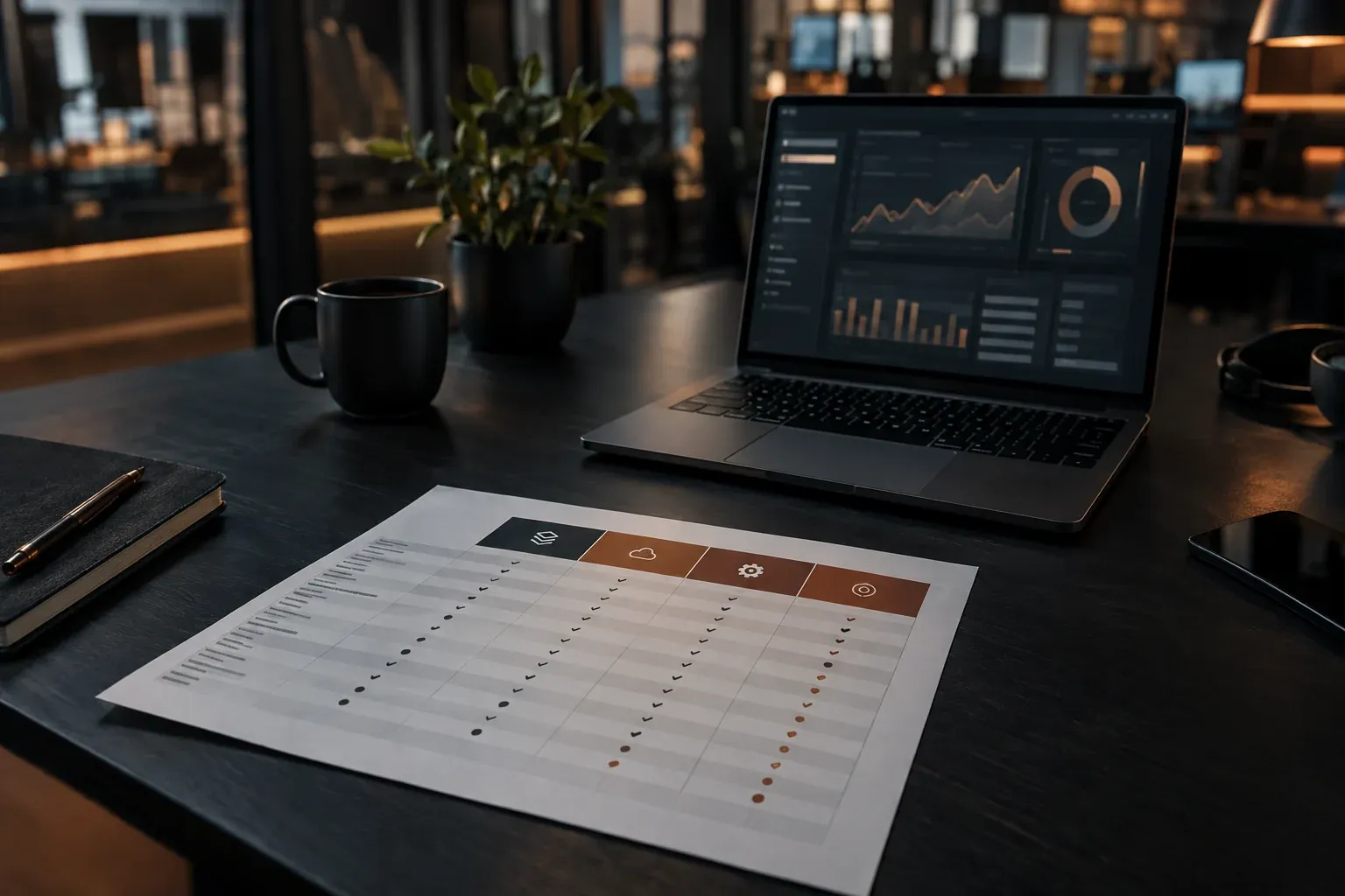 Schreibtisch mit Laptop und Vergleichstabelle für Buchhaltungssoftware
