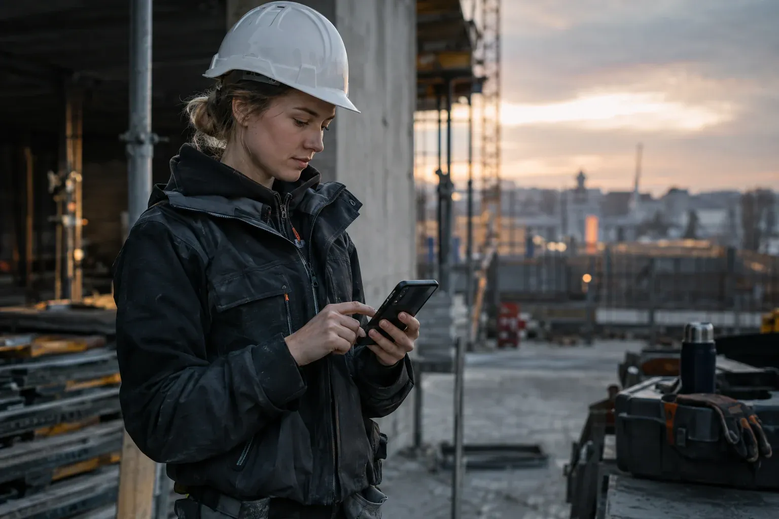 Junge Frau in Arbeitskleidung erfasst auf einer Baustelle Arbeitszeiten per Handwerkersoftware-App auf dem Smartphone