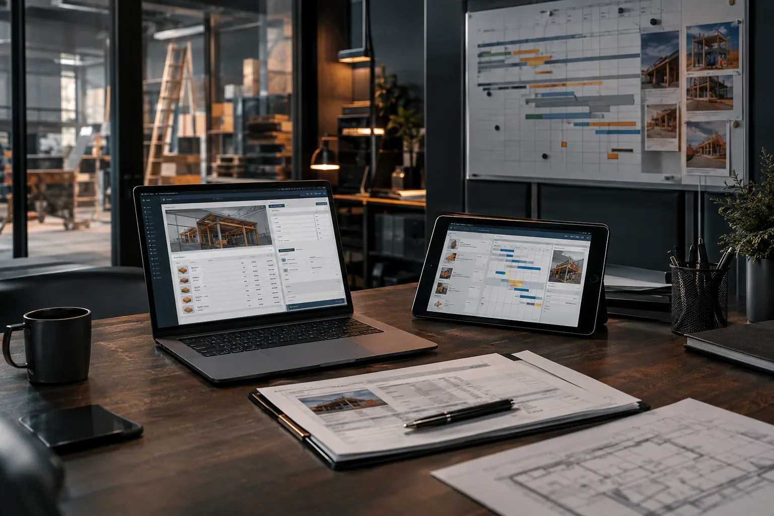 Handwerkersoftware auf Laptop und Tablet mit Angebot, Plantafel und Rechnung im Büro eines Handwerksbetriebs