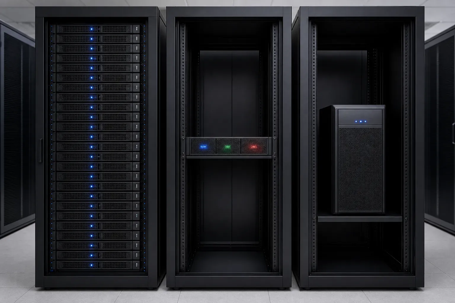 Drei Serverracks nebeneinander: Shared Hosting, VPS und Dedicated Server