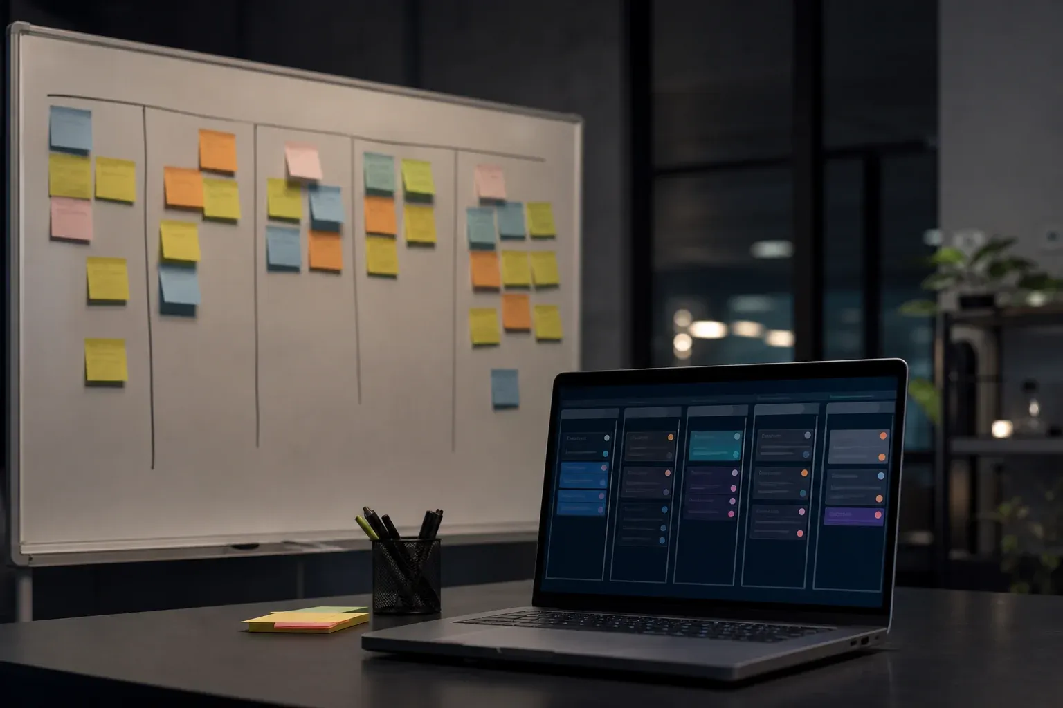 Vergleich von physischem Whiteboard und digitalem Kanban Board auf einem Laptop