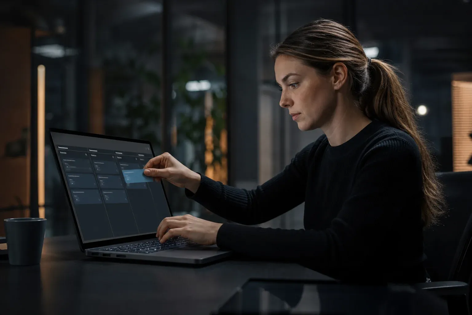 Junge Frau am Laptop verschiebt eine Karte auf einem digitalen Kanban Board