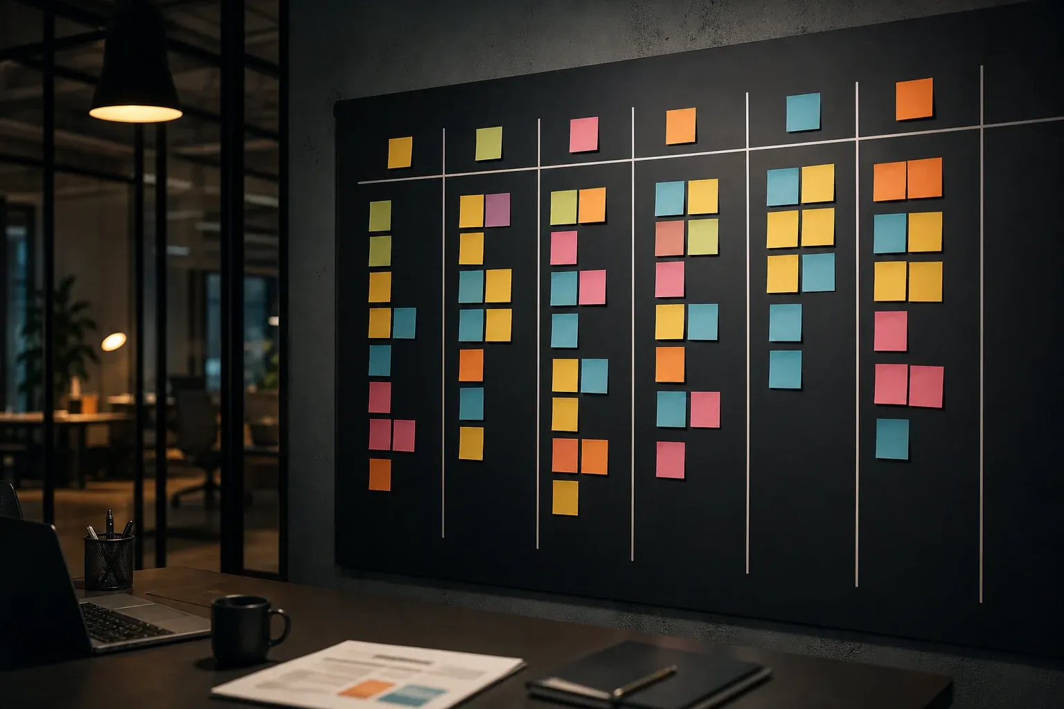 Kanban Board mit Spalten und farbigen Aufgabenkarten an einer Bürowand
