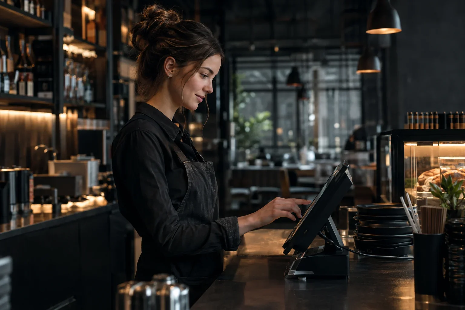 Junge Frau bedient ein Kassensystem in der Gastronomie an einem Tablet an der Theke