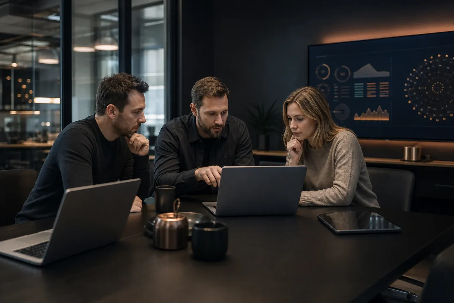 Kleines B2B-Team bei der Auswahl von Marketing-Software am Besprechungstisch