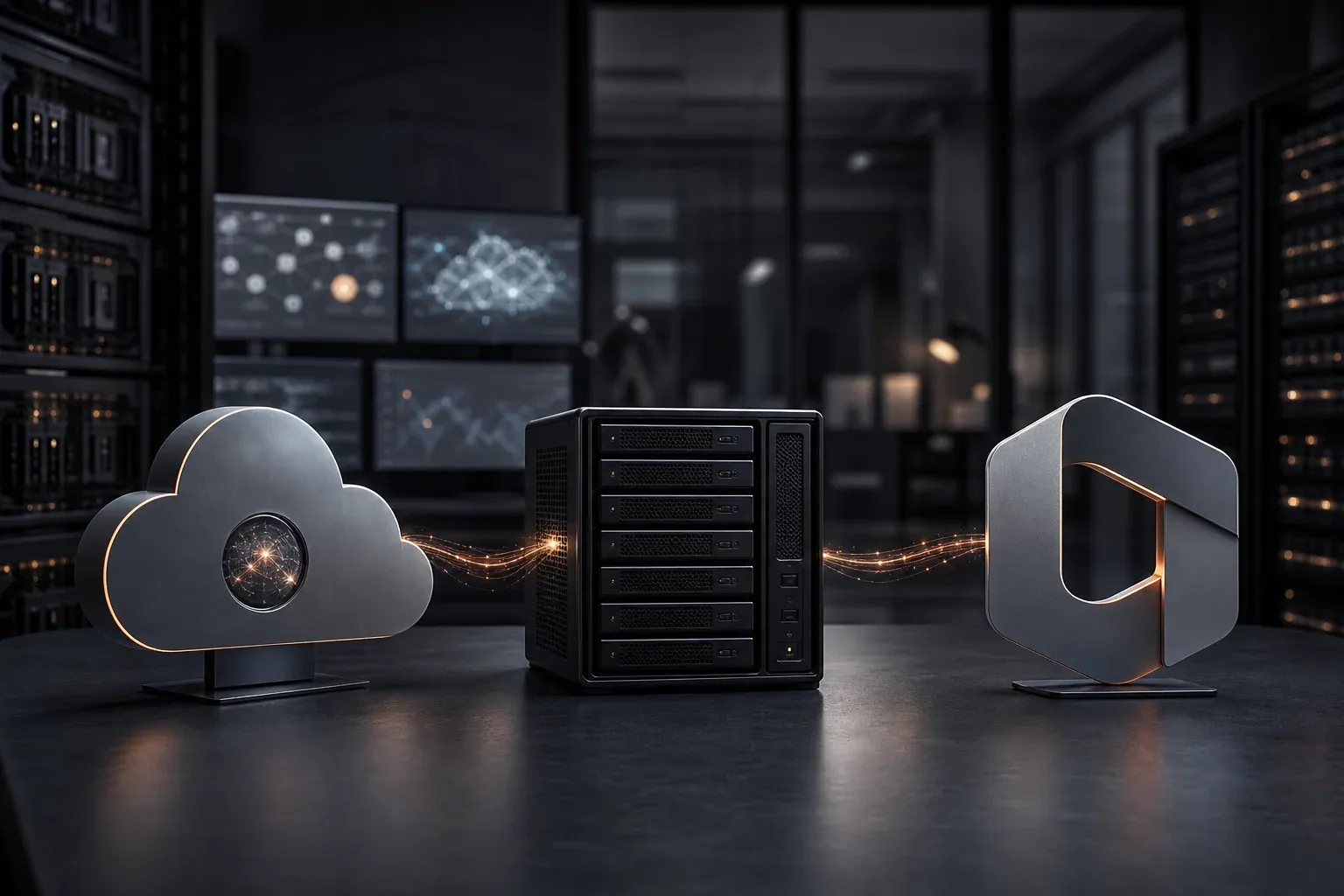 Vergleich von Backup-Architekturen für Microsoft 365 mit Cloud- und NAS-Symbolen