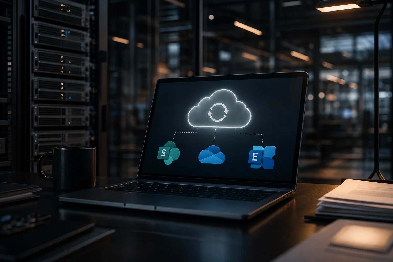 Microsoft 365 Backup Symbolbild mit Cloud-Icons für SharePoint, OneDrive und Exchange Online