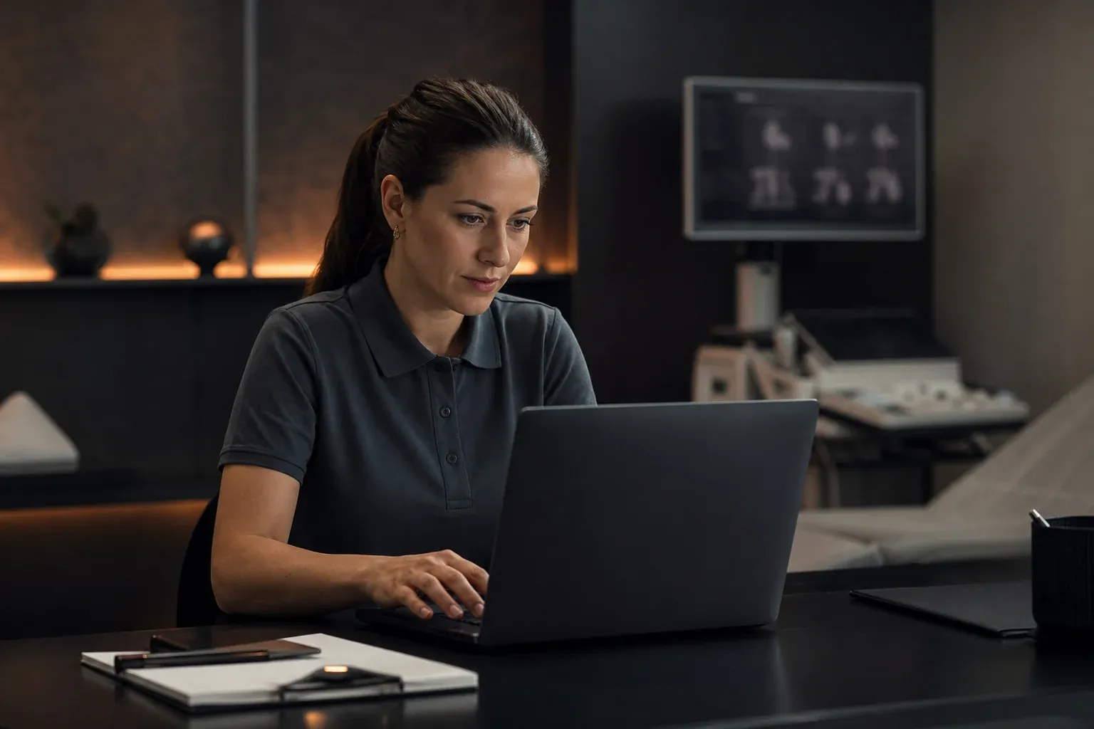Junge Frau an einem Laptop in einer Praxis, die verschiedene Praxissoftware im Vergleich prüft