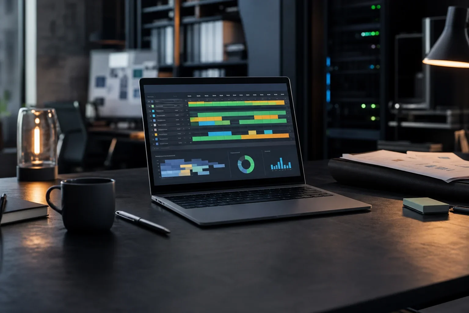 Ressourcenmanagement Software mit Auslastungsdiagramm auf einem Laptop in einem Projektbüro