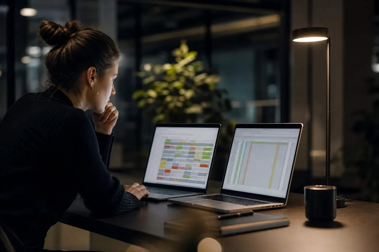 Junge Frau am Laptop vergleicht eine Auslastungsübersicht in einer Ressourcenplanung Software mit einer Tabellenkalkulation