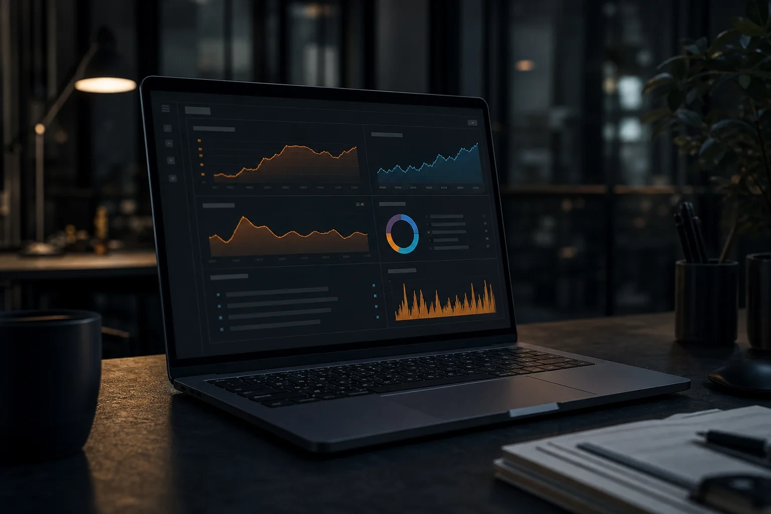 Dashboard einer SEO Software mit Rankings und Sichtbarkeitskurven auf einem Laptop