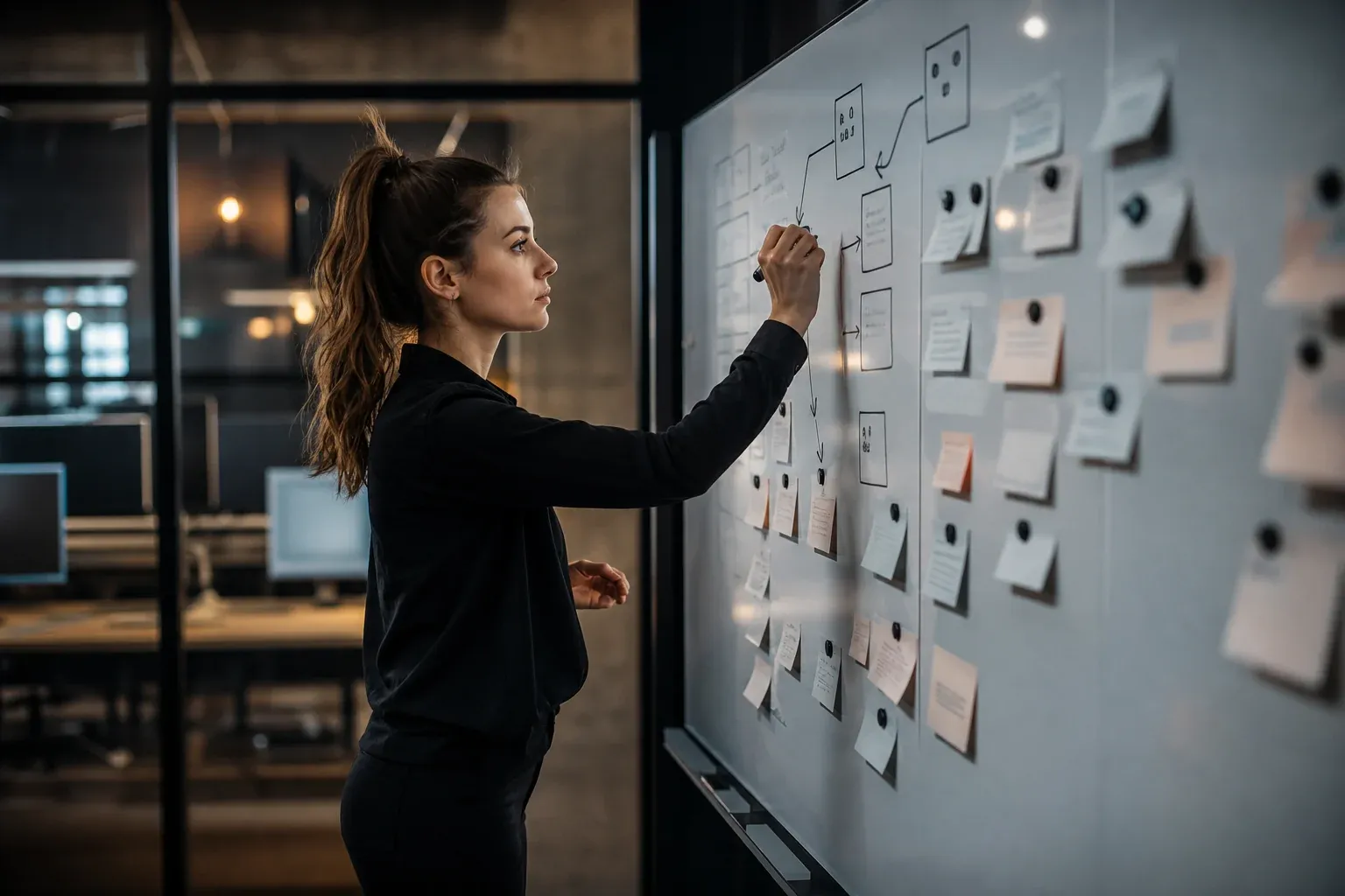 Junge Frau steht vor einem Whiteboard mit einem Refactoring-Plan und priorisierten Tickets