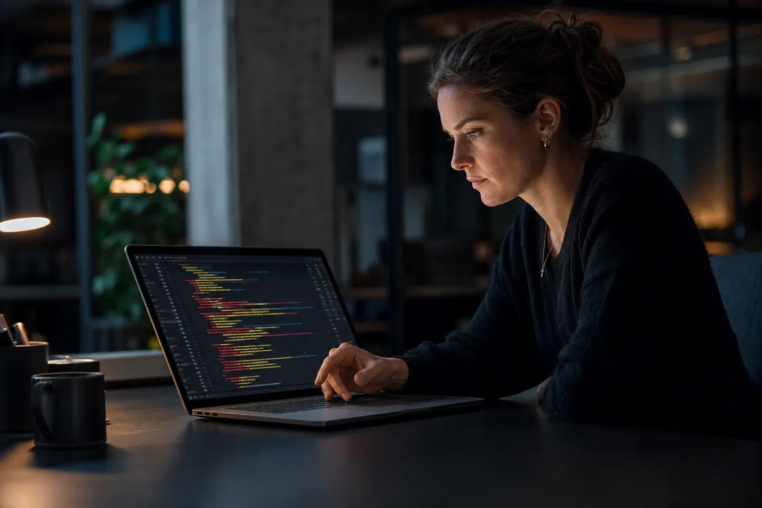 Junge Frau am Laptop analysiert eine Codebasis mit vielen Markierungen für technische Schulden
