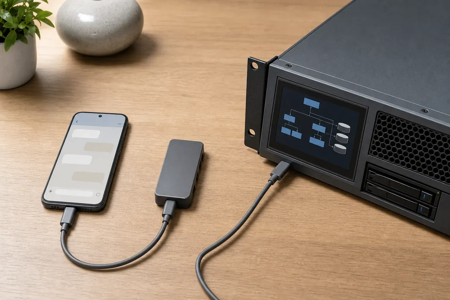 Smartphone mit Messenger und Server-Hardware als App- und API-Weg