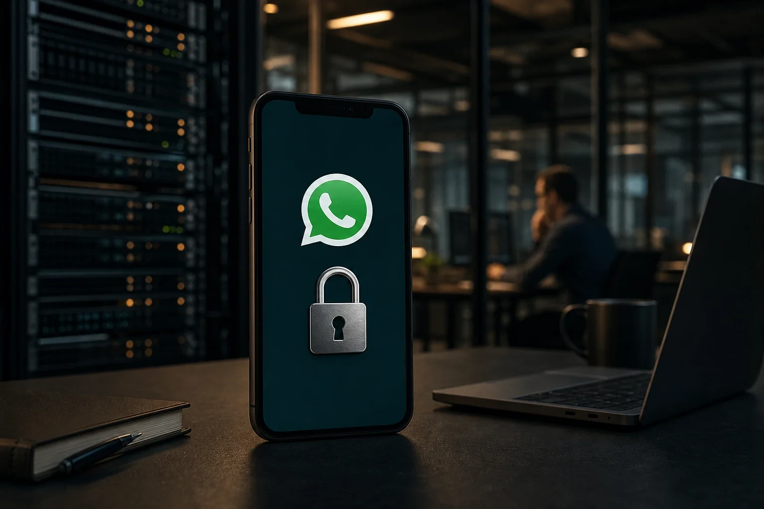 WhatsApp Business DSGVO: Smartphone mit Messenger und Schloss-Symbol für Datenschutz im Unternehmen