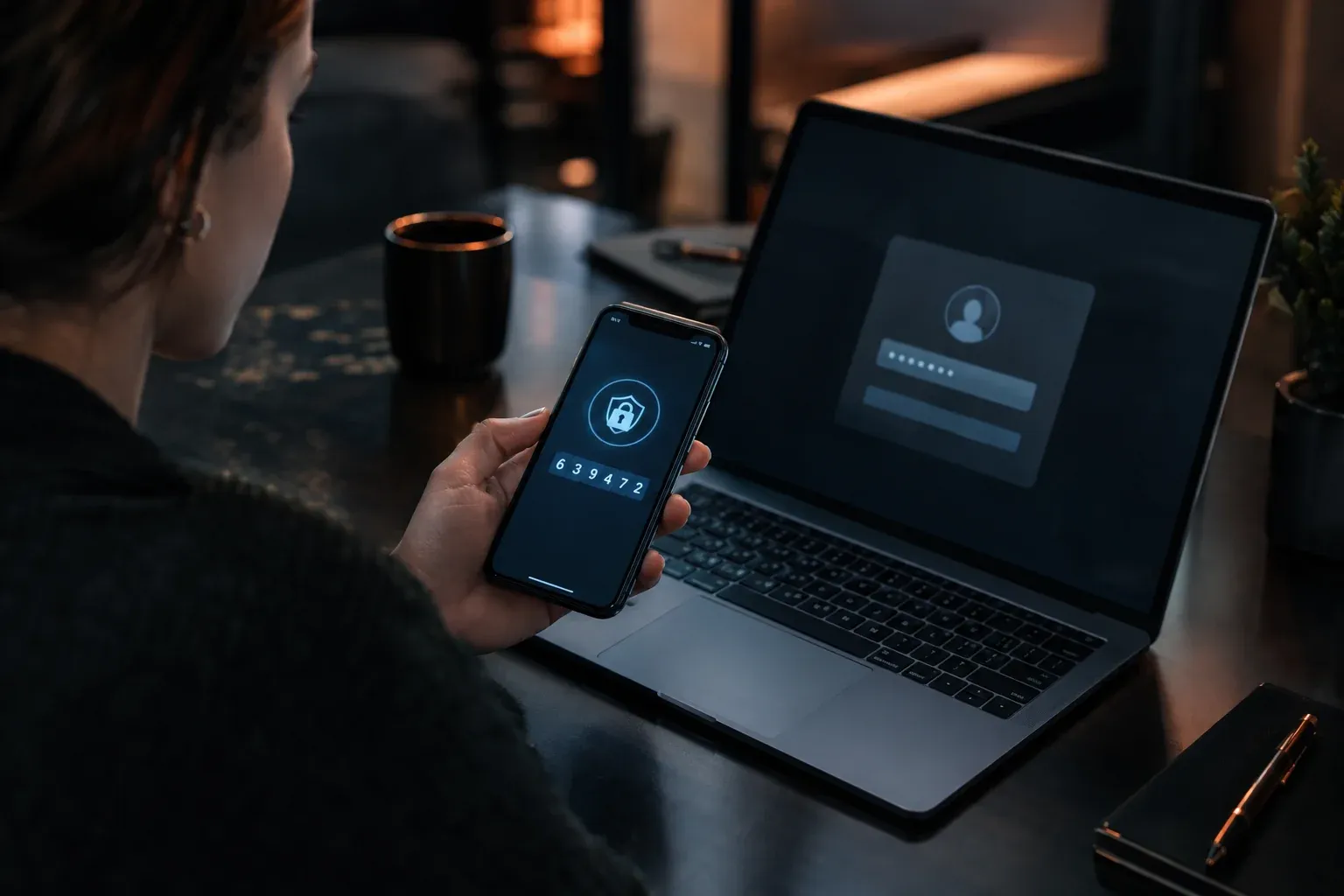 Zwei-Faktor-Authentifizierung beim Login: Smartphone zeigt Einmalcode neben einem Laptop